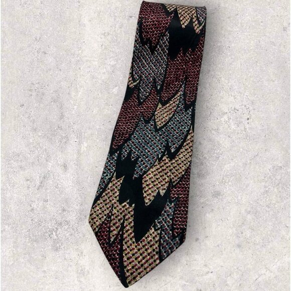 CHRISTIAN DIOR Silk Tie USA Black Burgundy Green Art W:3.7" EUC - Picture 1 of 5